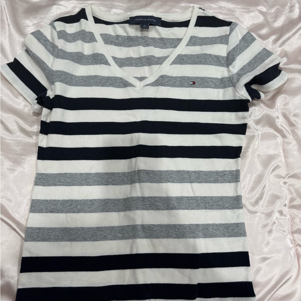 Tommy Hilfiger Short-Sleeve V-Neck Striped Tee in White, Gray & Navy